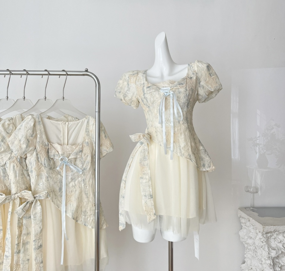 Thick and disorderly short summer bow Pseudo-two sweet dress