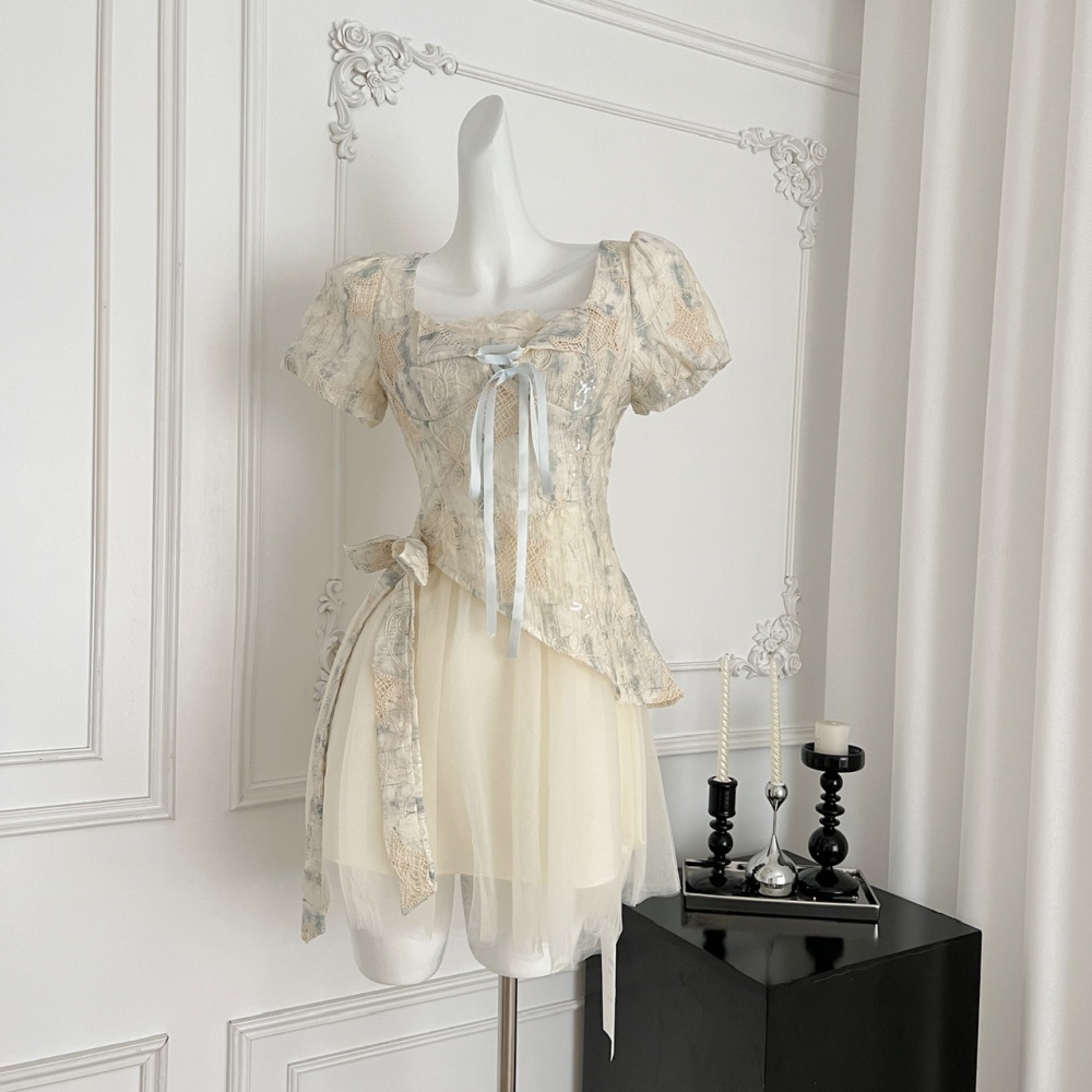 Thick and disorderly short summer bow Pseudo-two sweet dress