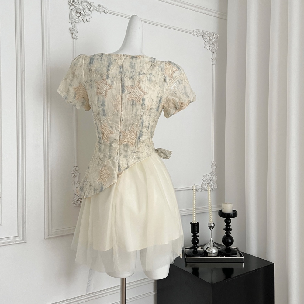 Thick and disorderly short summer bow Pseudo-two sweet dress