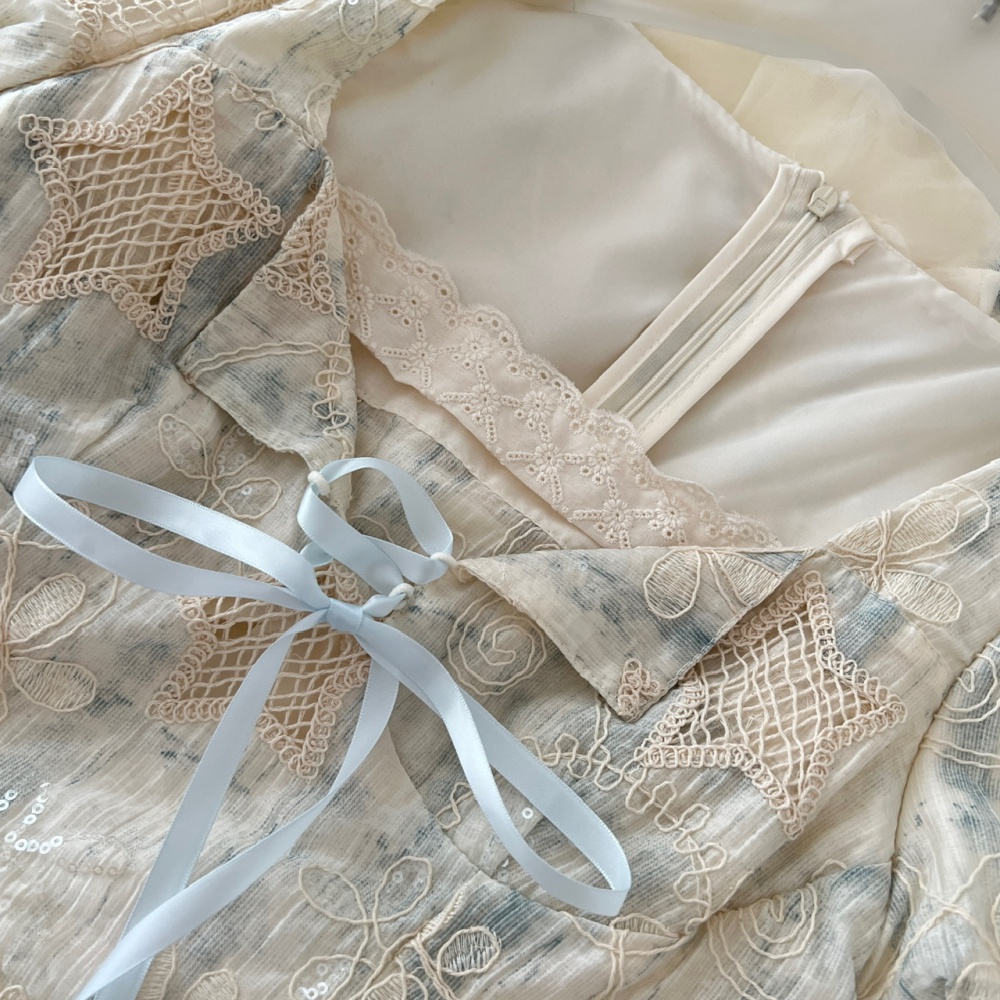 Thick and disorderly short summer bow Pseudo-two sweet dress
