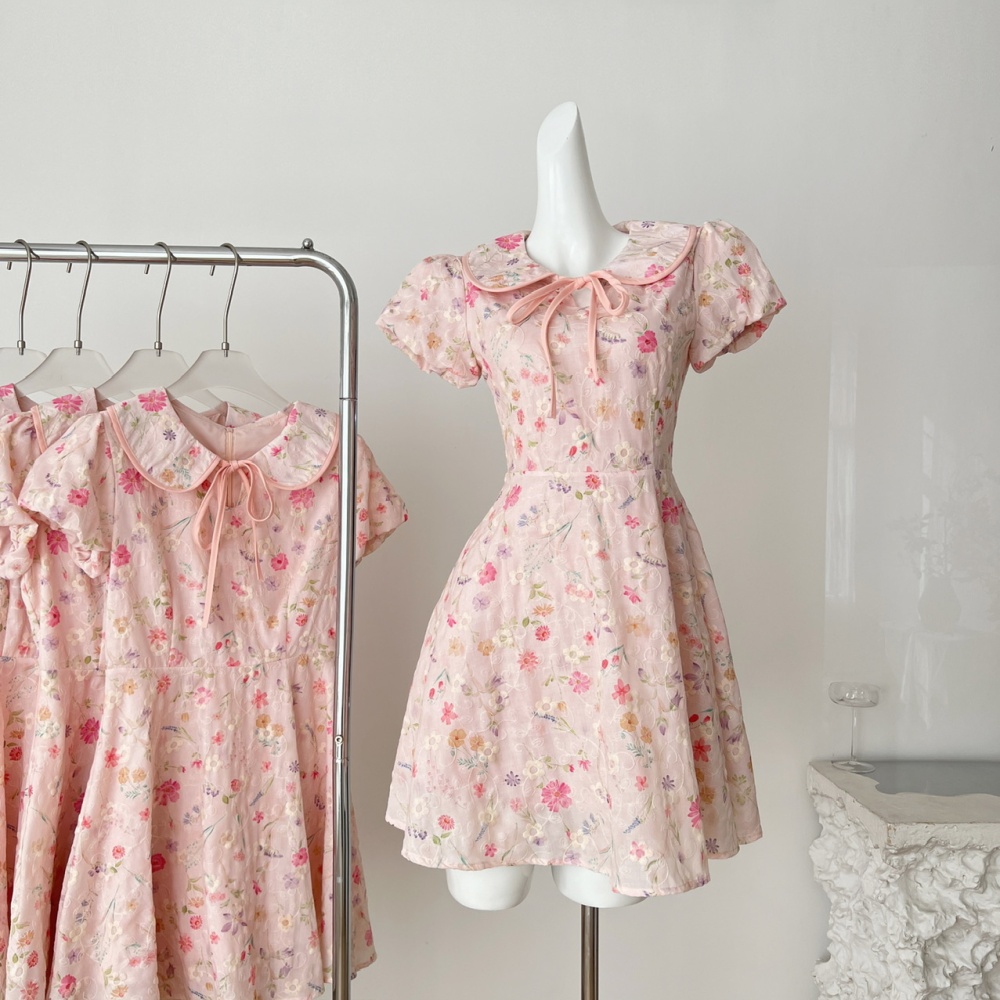 Lapel floral embroidery dress summer maiden T-back