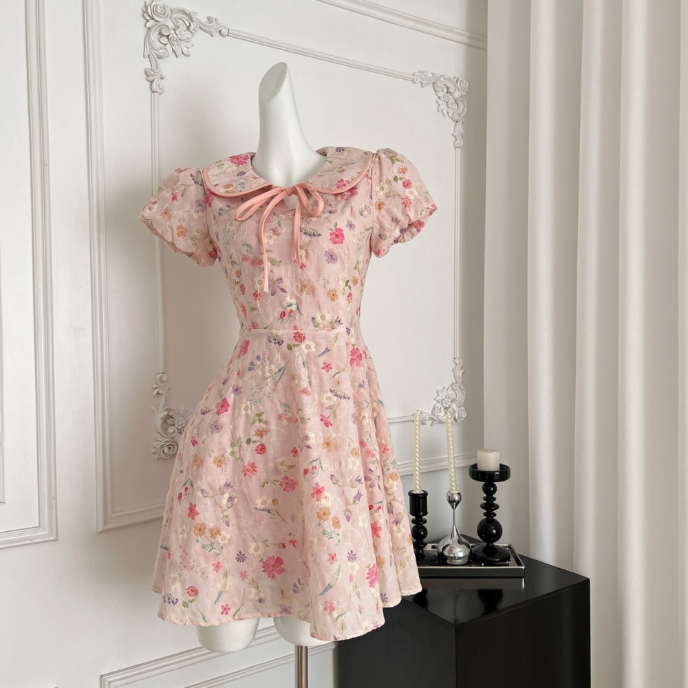Lapel floral embroidery dress summer maiden T-back