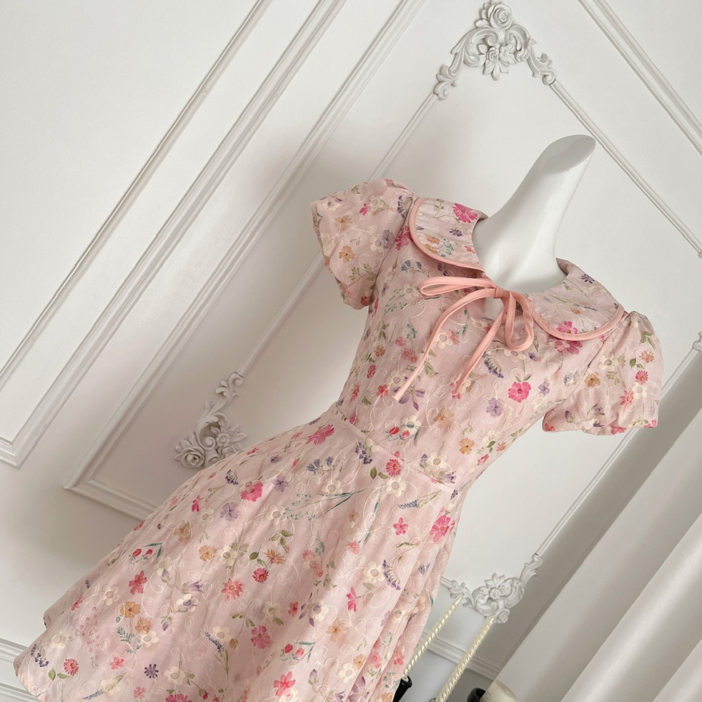 Lapel floral embroidery dress summer maiden T-back