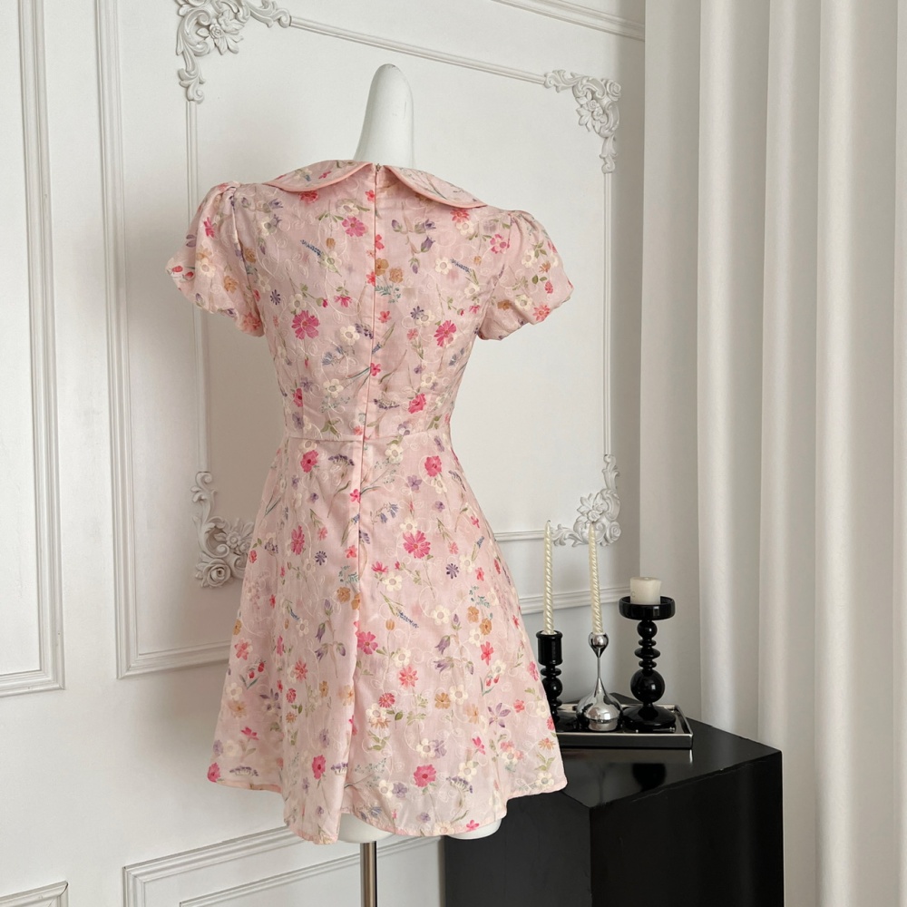 Lapel floral embroidery dress summer maiden T-back