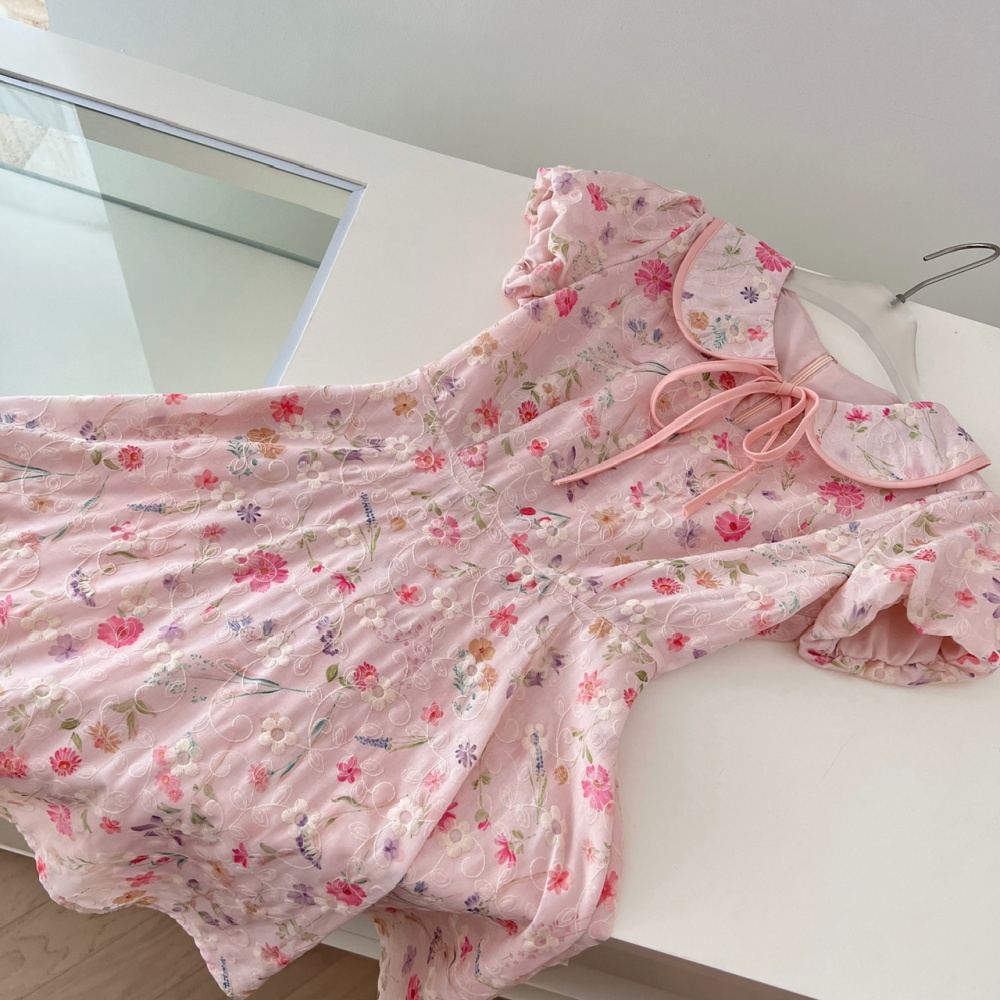 Lapel floral embroidery dress summer maiden T-back