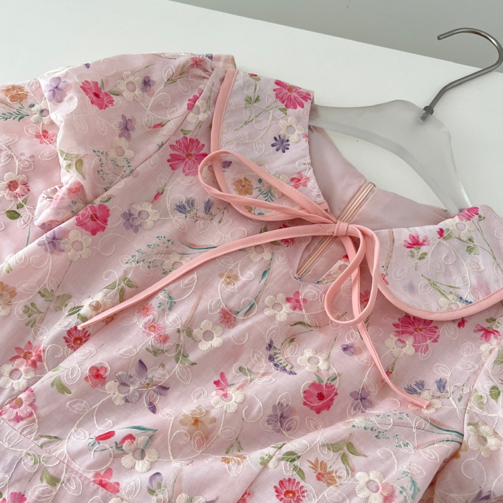 Lapel floral embroidery dress summer maiden T-back