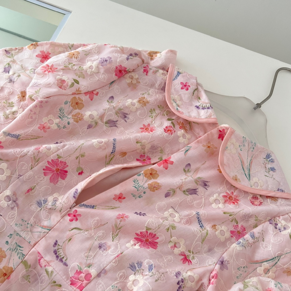 Lapel floral embroidery dress summer maiden T-back