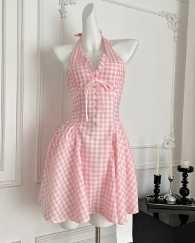 Sling halter pink dress cat summer plaid T-back for women