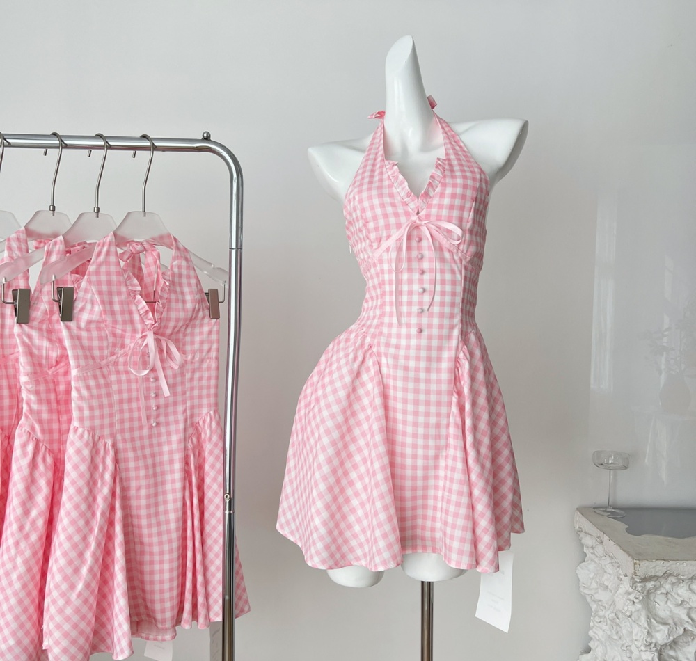 Sling halter pink dress cat summer plaid T-back for women