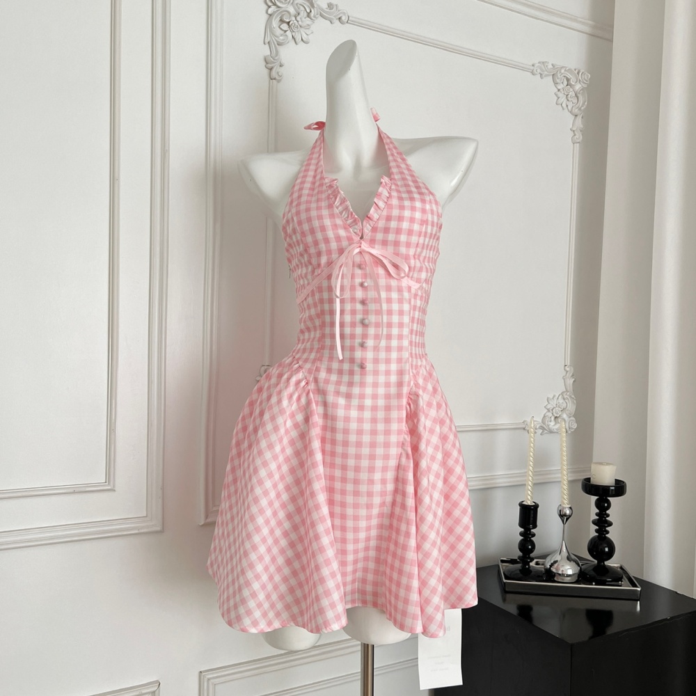 Sling halter pink dress cat summer plaid T-back for women