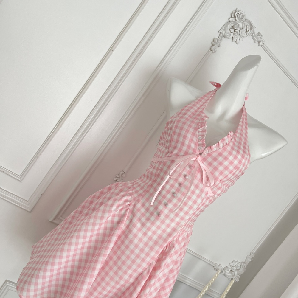 Sling halter pink dress cat summer plaid T-back for women