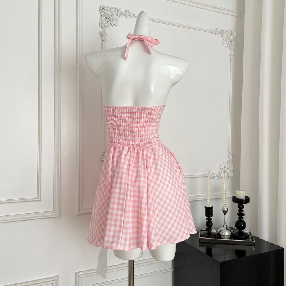 Sling halter pink dress cat summer plaid T-back for women