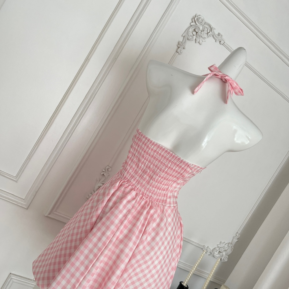 Sling halter pink dress cat summer plaid T-back for women
