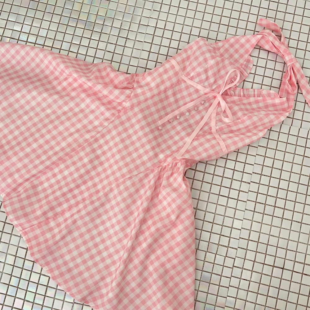 Sling halter pink dress cat summer plaid T-back for women