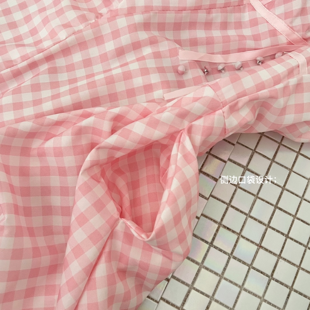 Sling halter pink dress cat summer plaid T-back for women
