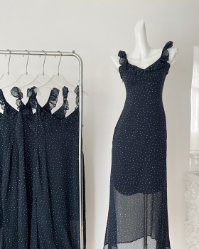 Blue summer slim long dress chiffon polka dot dress