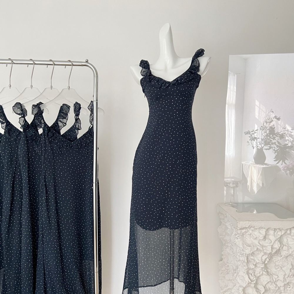Blue summer slim long dress chiffon polka dot dress