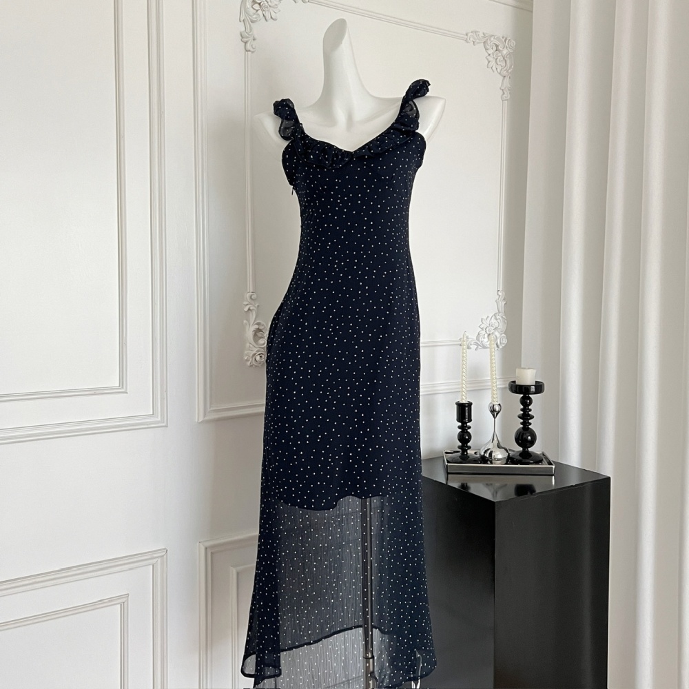 Blue summer slim long dress chiffon polka dot dress