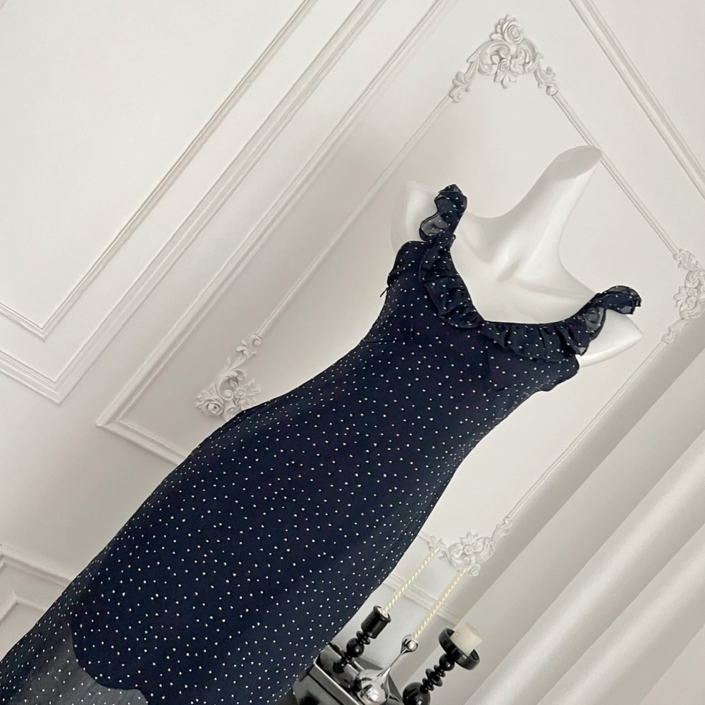 Blue summer slim long dress chiffon polka dot dress