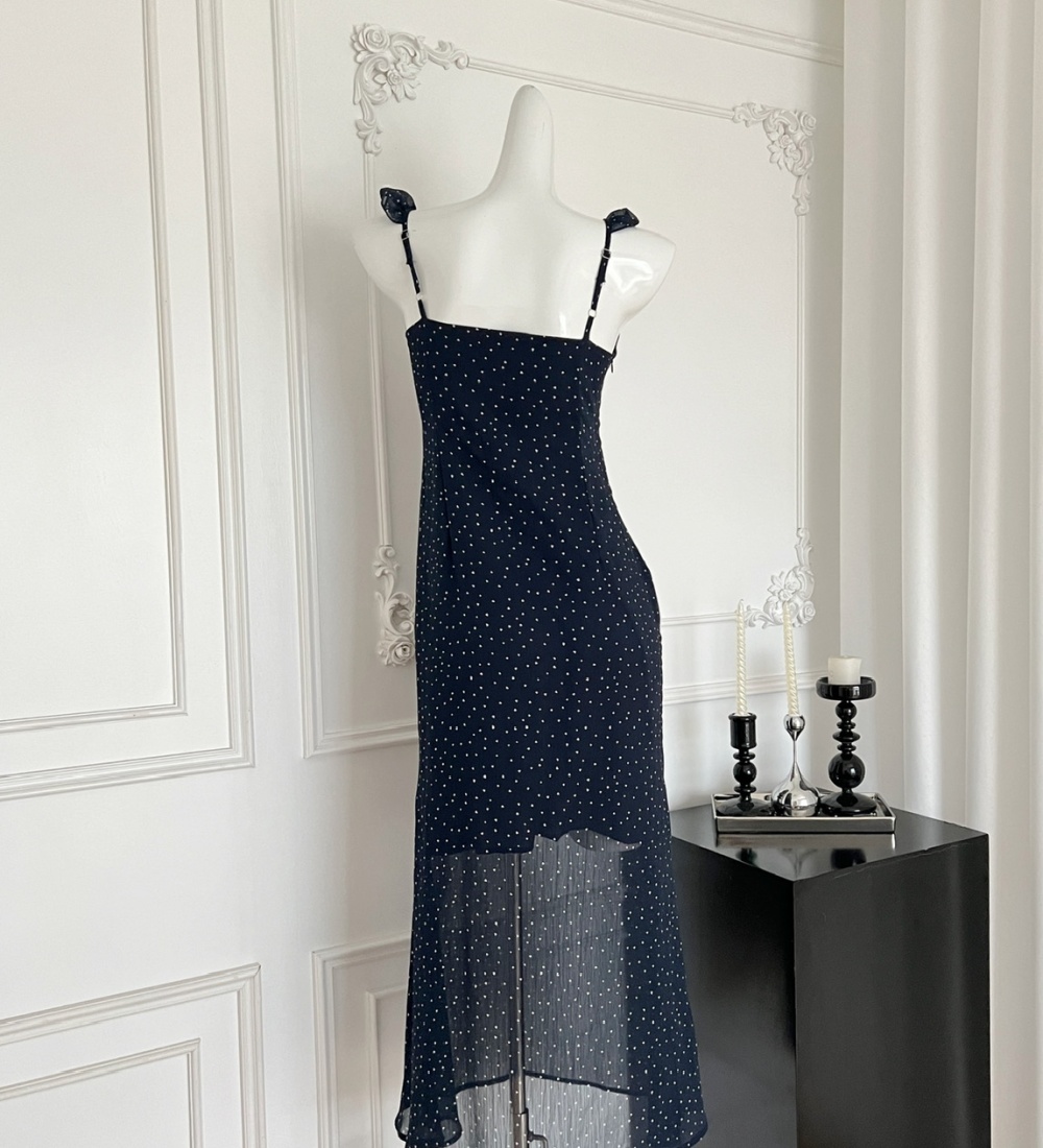 Blue summer slim long dress chiffon polka dot dress