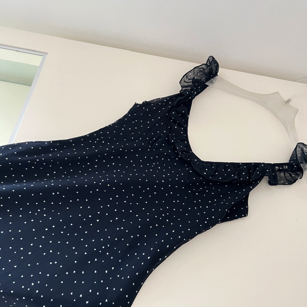 Blue summer slim long dress chiffon polka dot dress