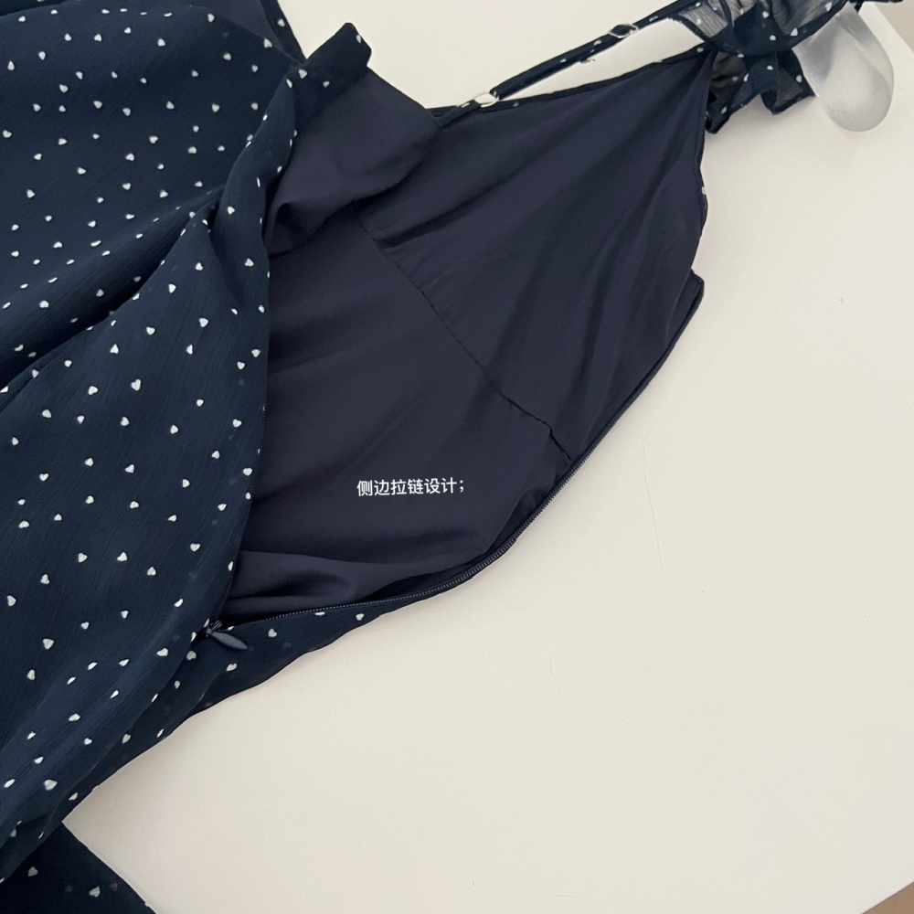 Blue summer slim long dress chiffon polka dot dress