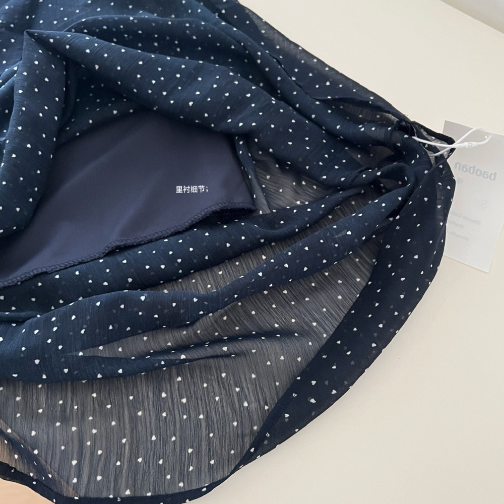 Blue summer slim long dress chiffon polka dot dress
