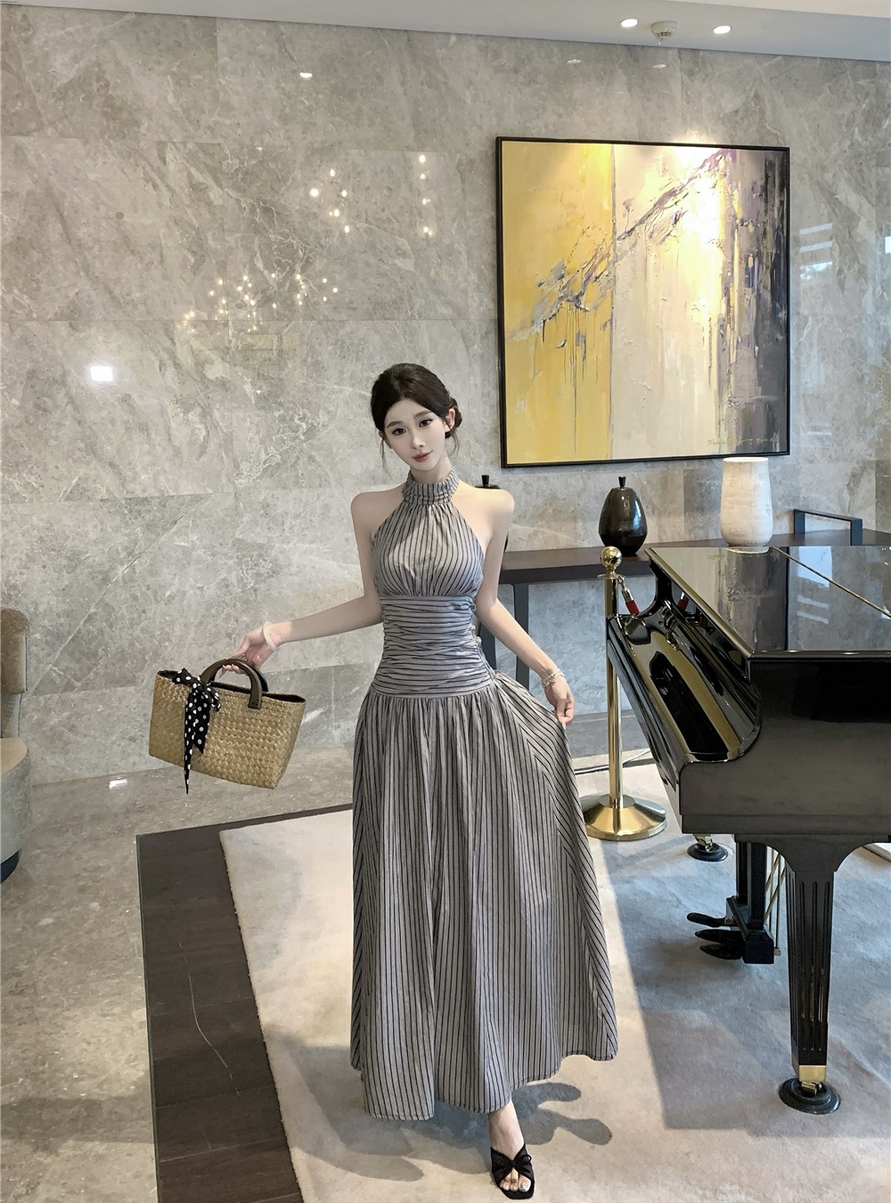 Lazy A-line stripe long dress halter summer dress