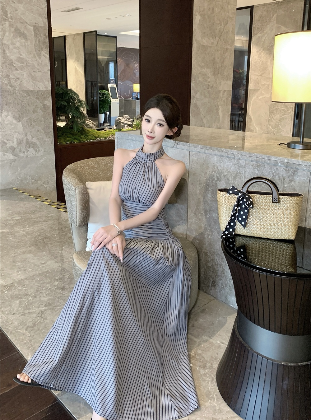 Lazy A-line stripe long dress halter summer dress