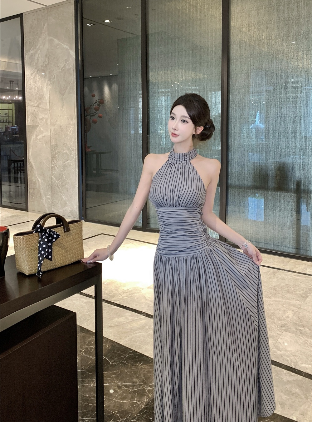 Lazy A-line stripe long dress halter summer dress