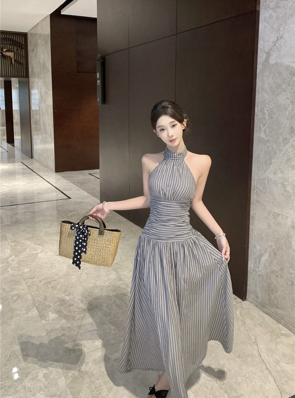 Lazy A-line stripe long dress halter summer dress