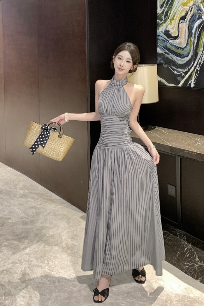 Lazy A-line stripe long dress halter summer dress