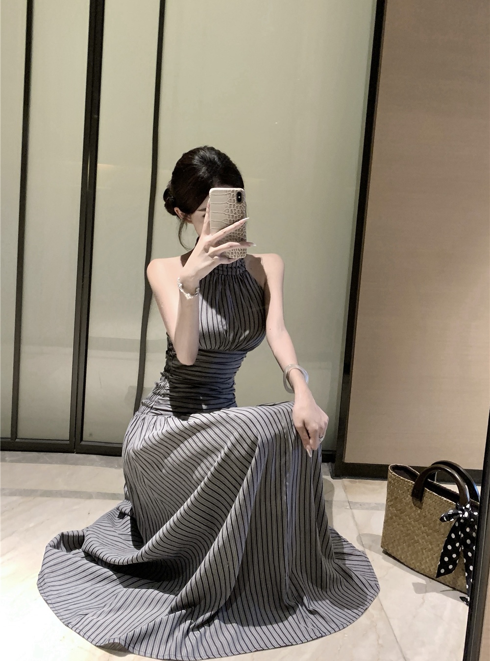 Lazy A-line stripe long dress halter summer dress