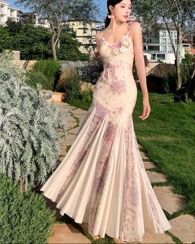 Sling mermaid France style slim summer long dress
