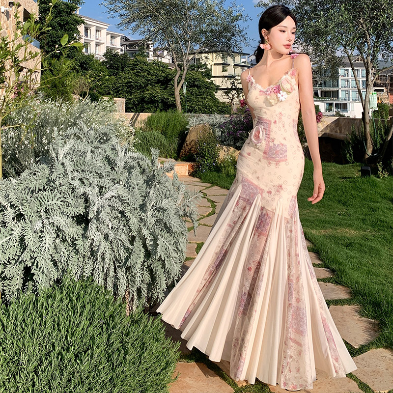 Sling mermaid France style slim summer long dress