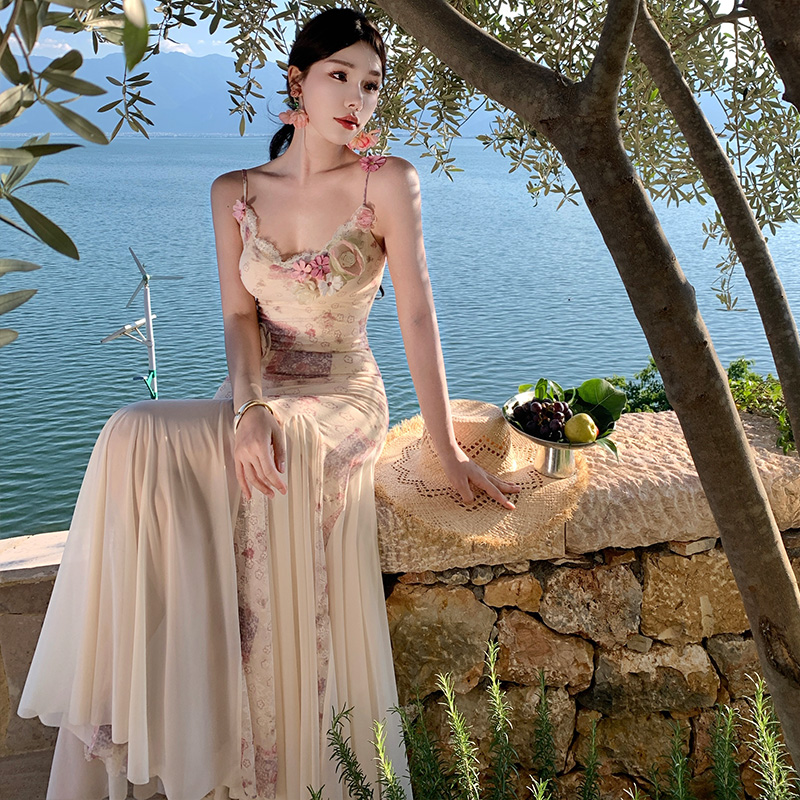 Sling mermaid France style slim summer long dress