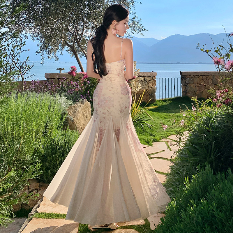 Sling mermaid France style slim summer long dress