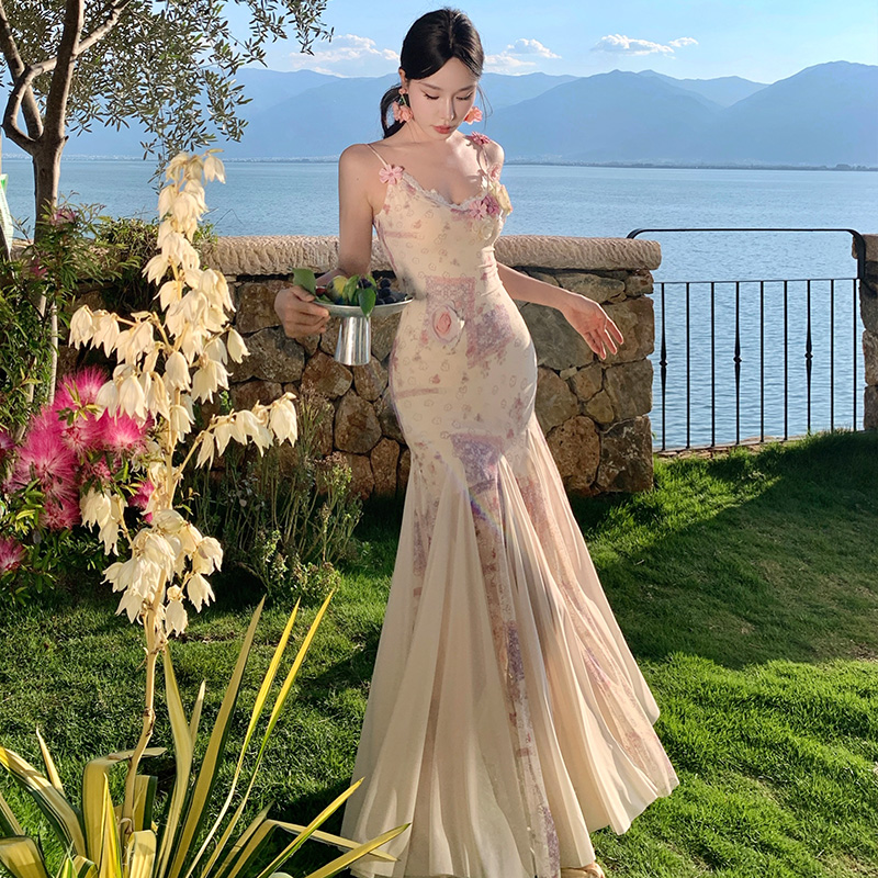 Sling mermaid France style slim summer long dress