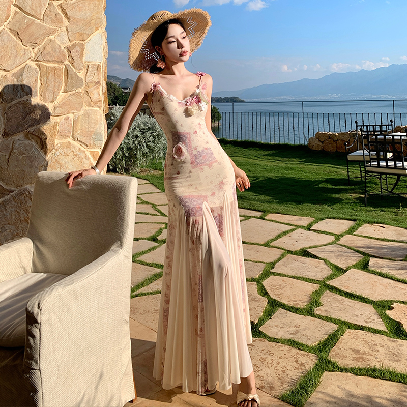 Sling mermaid France style slim summer long dress