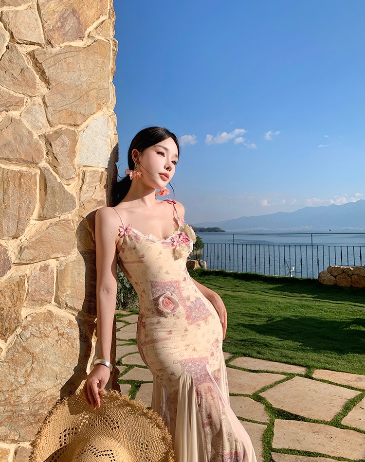 Sling mermaid France style slim summer long dress