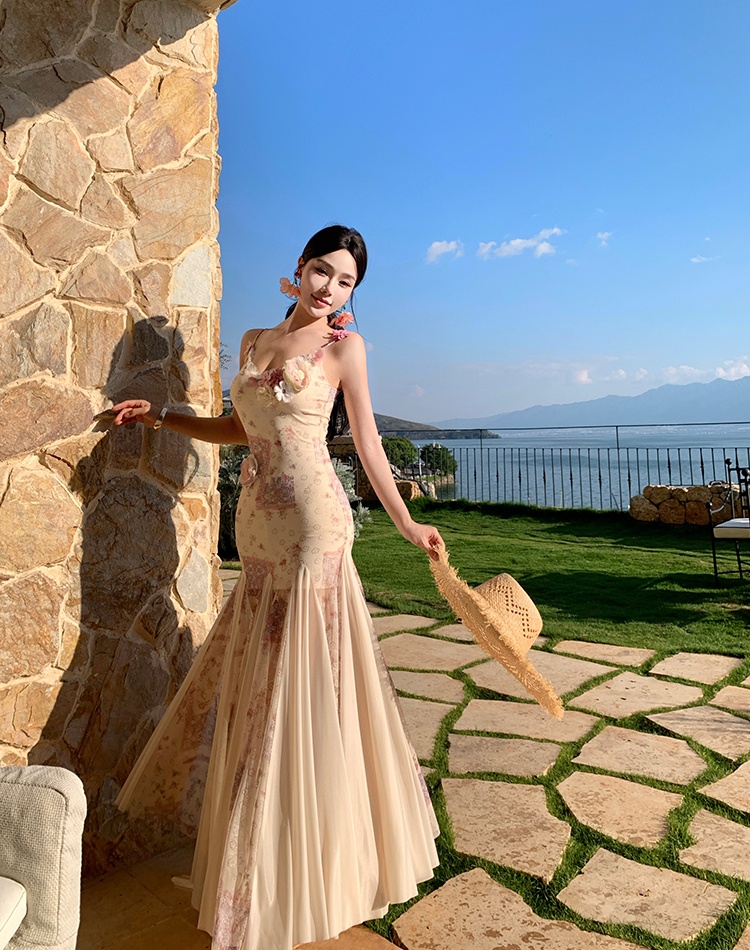 Sling mermaid France style slim summer long dress