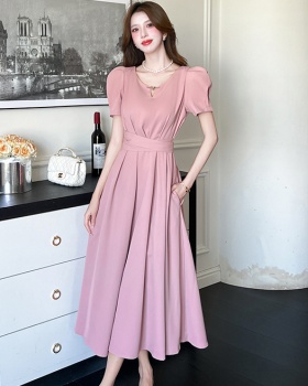 Summer V-neck fashion dress pinched waist big skirt long dress