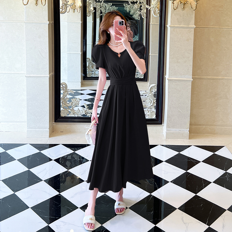 Summer V-neck fashion dress pinched waist big skirt long dress