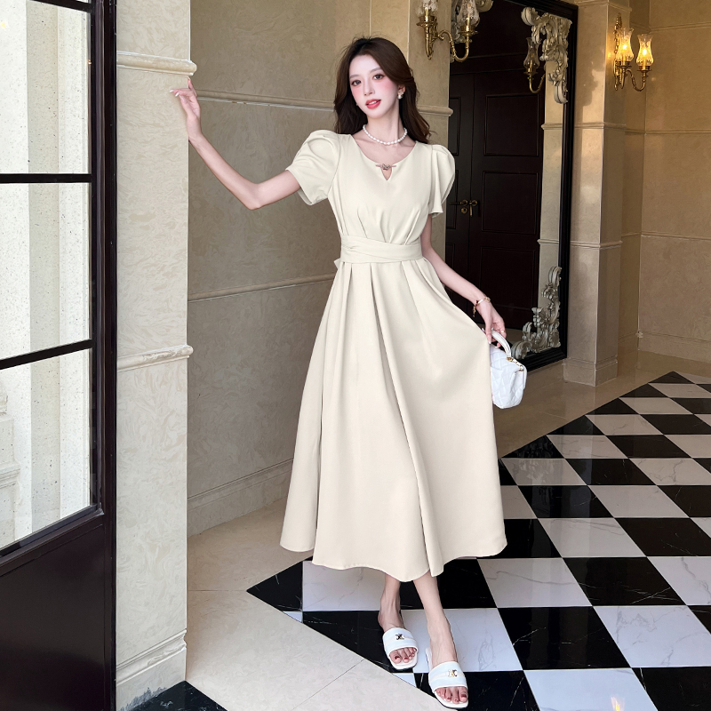 Summer V-neck fashion dress pinched waist big skirt long dress