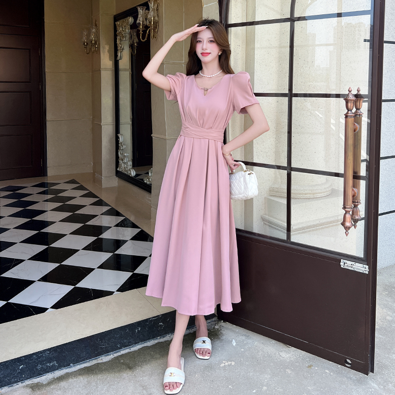 Summer V-neck fashion dress pinched waist big skirt long dress