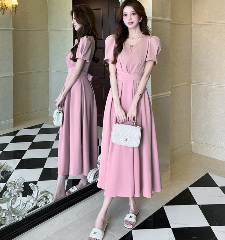 Summer V-neck fashion dress pinched waist big skirt long dress