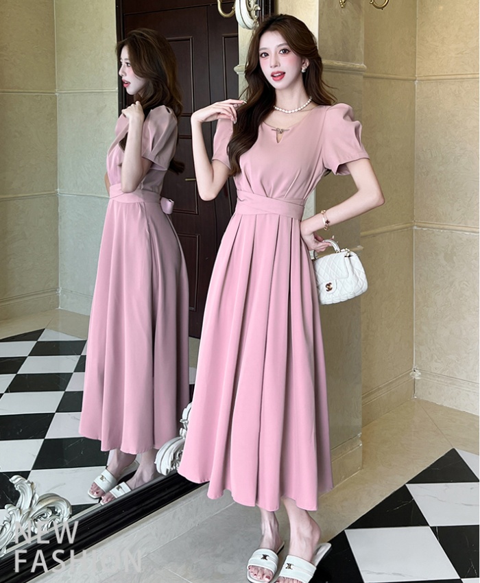 Summer V-neck fashion dress pinched waist big skirt long dress