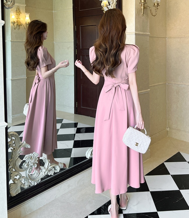 Summer V-neck fashion dress pinched waist big skirt long dress