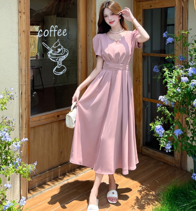 Summer V-neck fashion dress pinched waist big skirt long dress