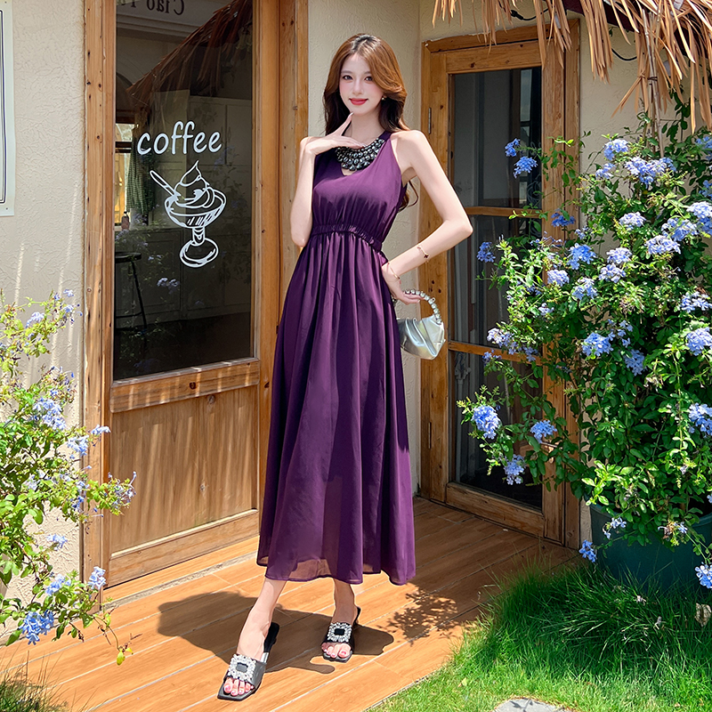 Fashion summer dress pinched waist long dress
